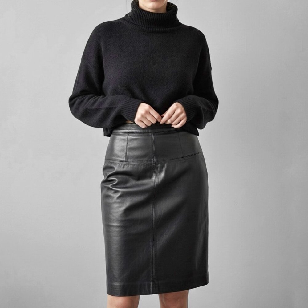 Vintage Pia Rucci Genuine Leather Bodycon Skirt Black Size 10 Over The Knee